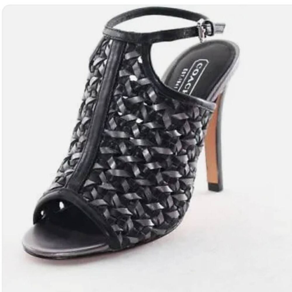 Coach Leela Leather Heels - Size 8.5 Black and Silver Woven Leather